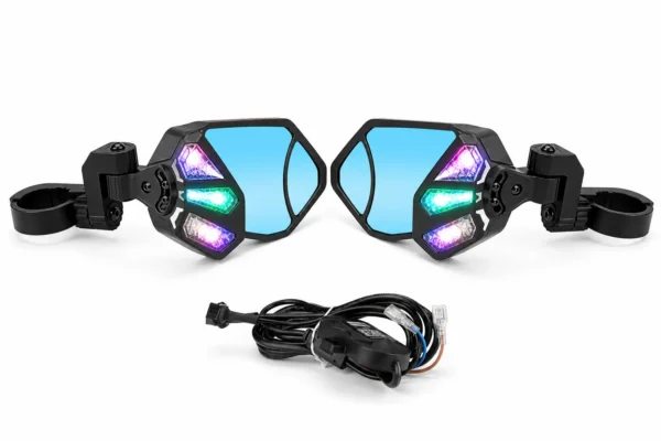 Aluminium RGB UTV Side Mirrors for Can Am Maverick X3/ RZR w/ 1.6"-2" Roll Bar (1 pair), shown on a plain background