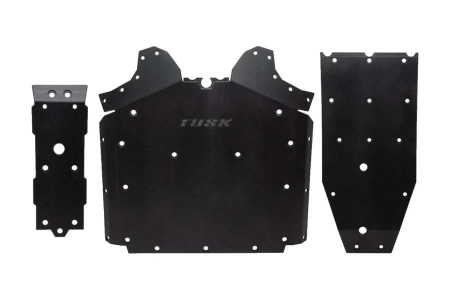 Three black UHMW skid plate panels laid flat, the full Tusk Quiet-Glide kit with molded Tusk logo