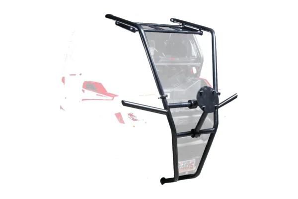 Tusk black rear bumper, cargo rack, and spare tire carrier mounted on a red Polaris RZR