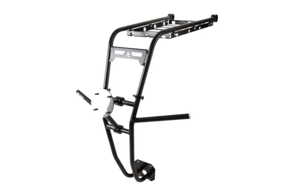 Tusk black steel rear bumper, cargo rack, and spare tire carrier for Polaris RZR, three-quarter view