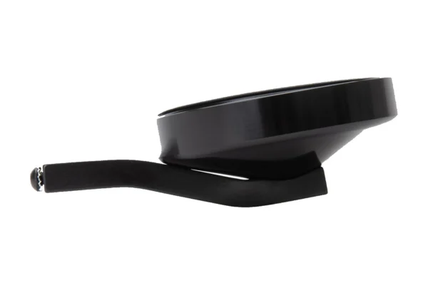 Black Tusk alloy UTV mirror, rear view showing the housing and mounting arm, on white