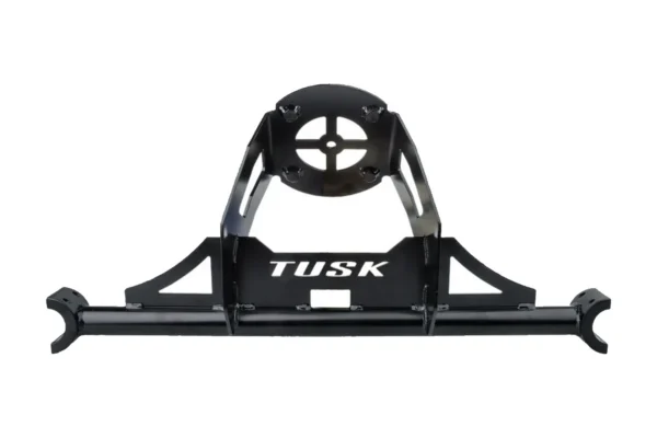 Tusk spare tire carrier for Polaris RZR, black, front view with circular mount plate and TUSK logo