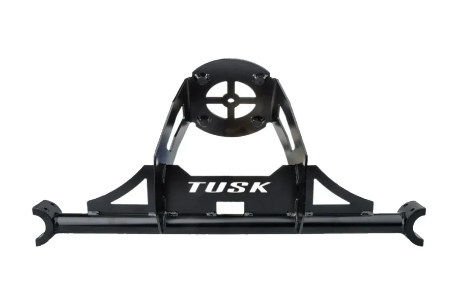 Tusk spare tire carrier for Polaris RZR, black, front view with circular mount plate and TUSK logo