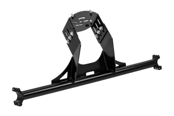 Tusk spare tire carrier in black steel, front three-quarter view of the frame and mounting bar, isolated