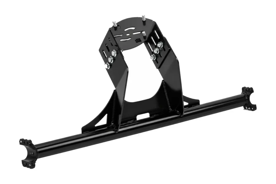 Tusk spare tire carrier in black steel, front three-quarter view of the frame and mounting bar, isolated