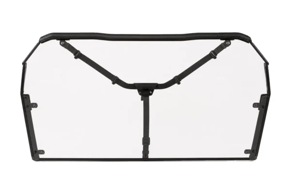 Tusk clear polycarbonate UTV rear window panel with black frame and support straps