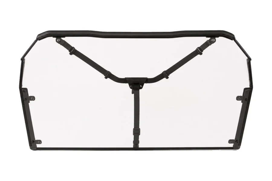 Tusk clear polycarbonate UTV rear window panel with black frame and support straps