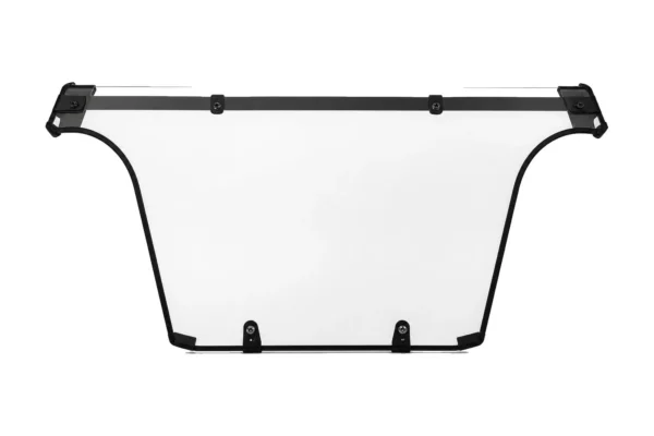 Tusk clear polycarbonate UTV rear window with black frame, isolated front view