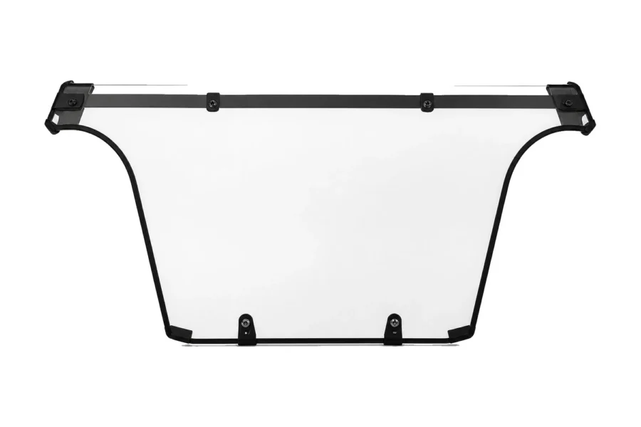 Tusk clear polycarbonate UTV rear window with black frame, isolated front view