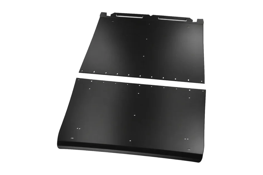 Two-piece black aluminum Tusk Force roof, front and rear panels shown at an angle on white