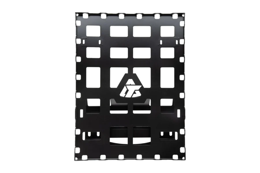 Tusk black seat cargo rack platform, top view with Tusk logo cut out, isolated
