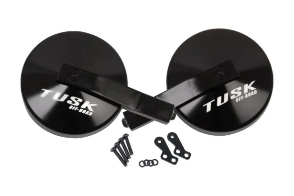 Pair of Tusk Off-Road round convex UTV mirrors with black anodized shells, shown with A-pillar mount brackets and hardware
