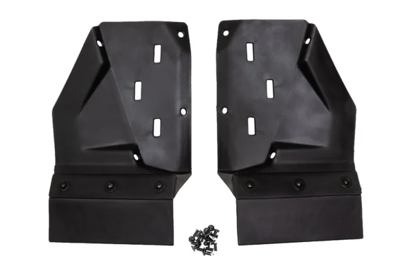 Pair of black Tusk front mud flaps shown isolated with mounting hardware