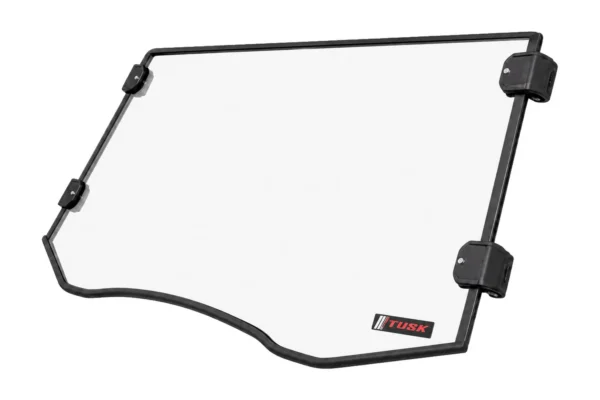 Tusk clear full windshield with black frame and four cage clamps, isolated on white