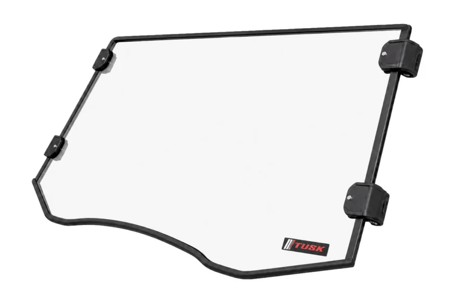 Tusk clear full windshield with black frame and four cage clamps, isolated on white