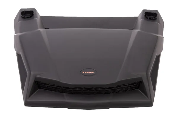 Tusk black molded UTV hood, front view showing the center vent grille and twist latches