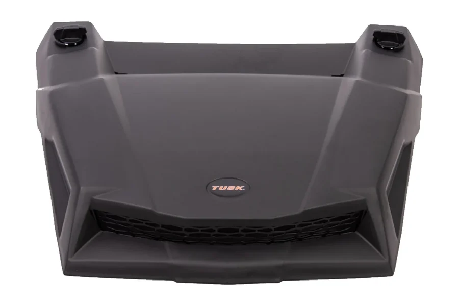 Tusk black molded UTV hood, front view showing the center vent grille and twist latches