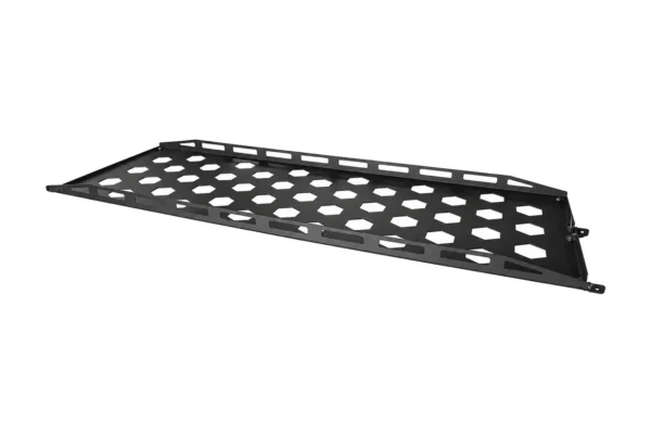 Tusk black powder coated cargo rack with hexagon cutout pattern, three-quarter view on white