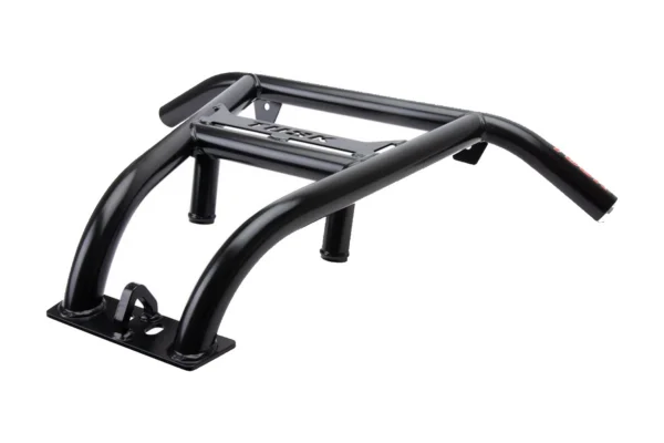 Tusk Impact black tubular front bumper for UTV, three-quarter view isolated on white