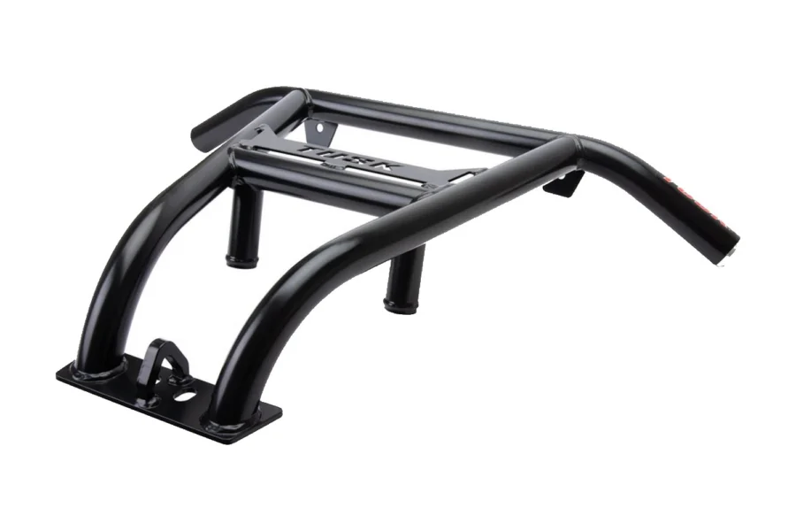 Tusk Impact black tubular front bumper for UTV, three-quarter view isolated on white