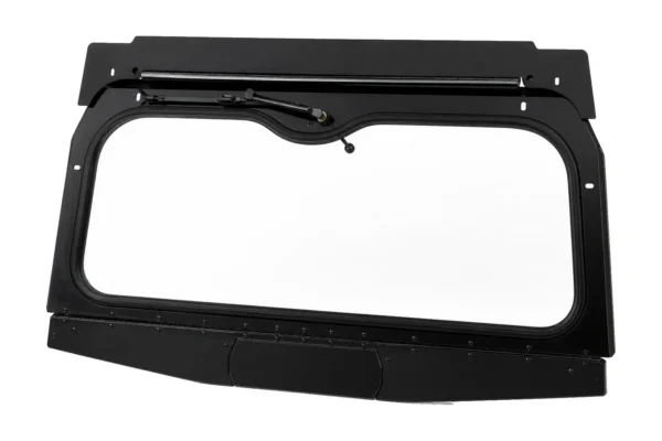 Black-framed Tusk folding glass windshield with wiper, isolated three-quarter view