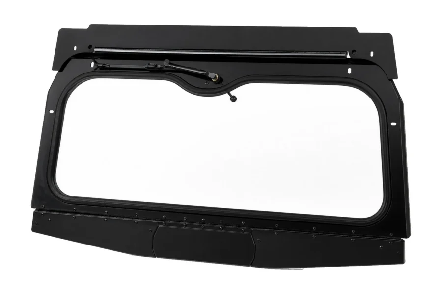 Black-framed Tusk folding glass windshield with wiper, isolated three-quarter view