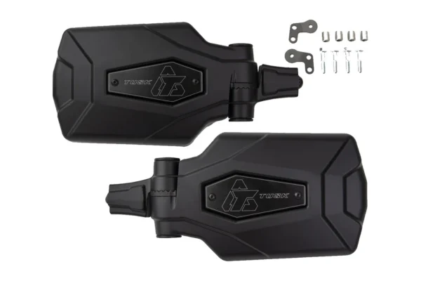 Pair of black Tusk pivot folding UTV side mirrors with mounting brackets, spacers, and bolts