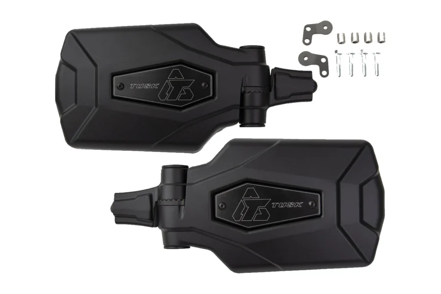 Pair of black Tusk pivot folding UTV side mirrors with mounting brackets, spacers, and bolts