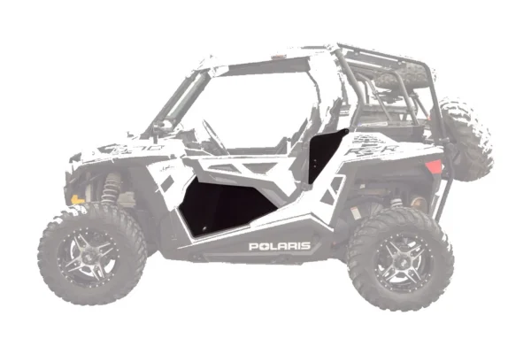 Black Tusk aluminum lower door insert installed on a white Polaris RZR 900, side profile