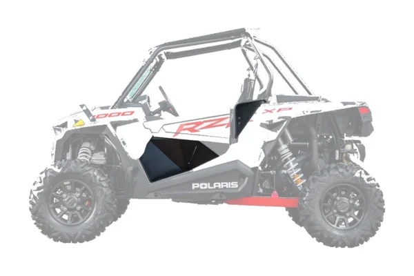 Black Tusk aluminum lower door insert installed on a white Polaris RZR XP 1000, side view