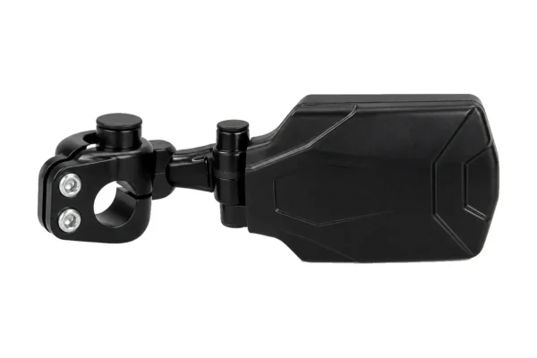 Tusk pivot folding UTV mirror with roll cage clamp, black, side profile showing cast housing and ball joint arm