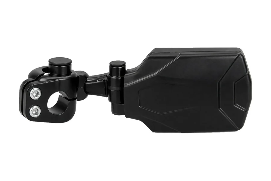 Tusk pivot folding UTV mirror with roll cage clamp, black, side profile showing cast housing and ball joint arm