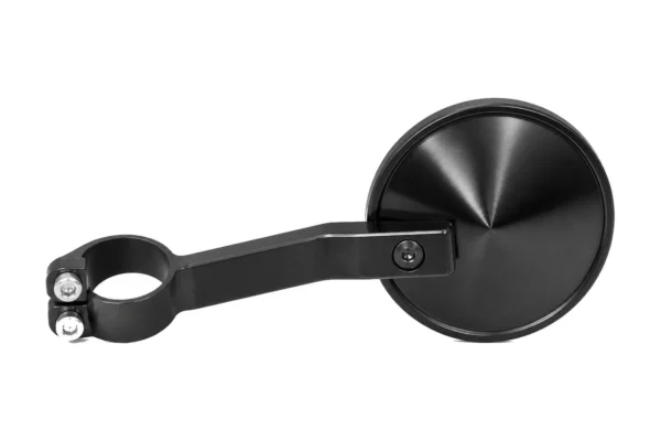 Tusk black round alloy UTV side mirror with arm and low profile roll cage clamp, side view
