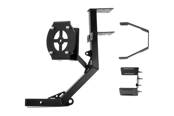Tusk black hitch mounted spare tire carrier with mounting brackets, isolated on white