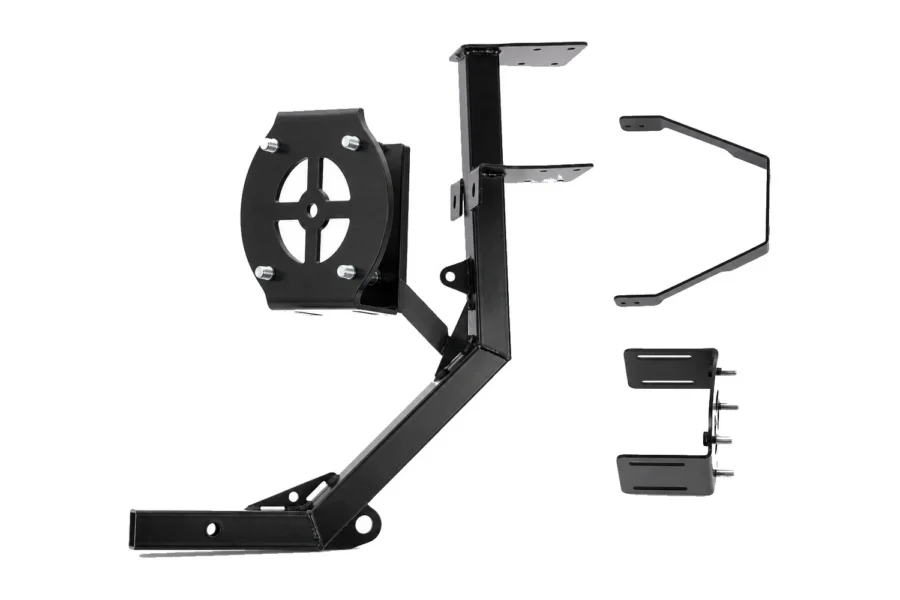 Tusk black hitch mounted spare tire carrier with mounting brackets, isolated on white