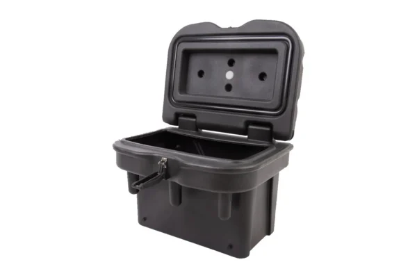 Black Tusk Bed Box open, showing the lid interior and front latch on a white background