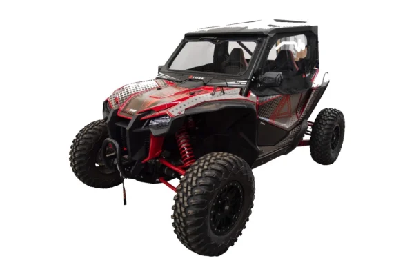 Black Tusk upper door skins installed on a red and silver Honda Talon, front three-quarter view