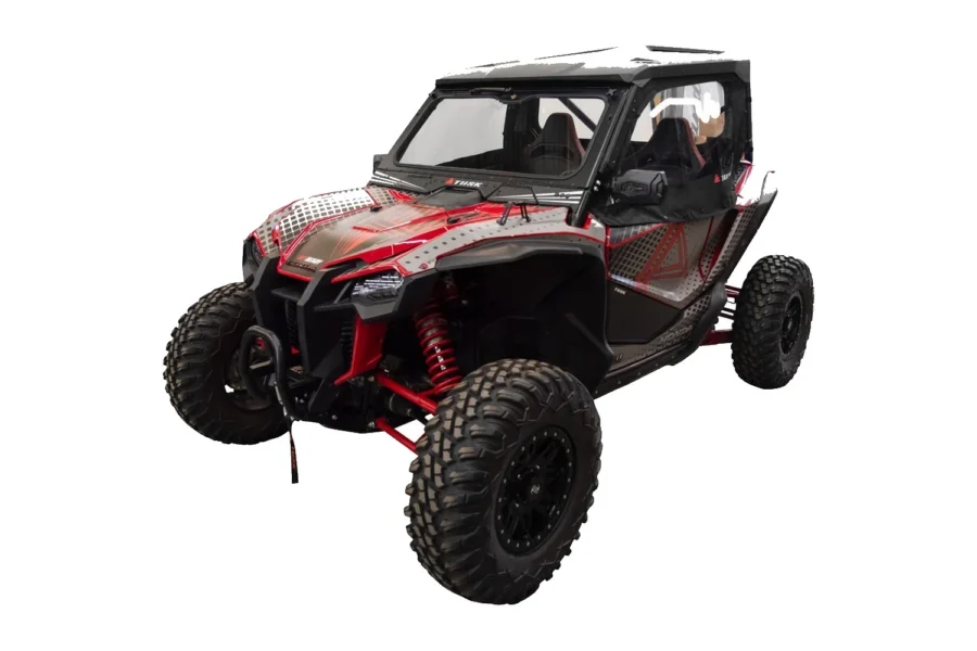 Black Tusk upper door skins installed on a red and silver Honda Talon, front three-quarter view