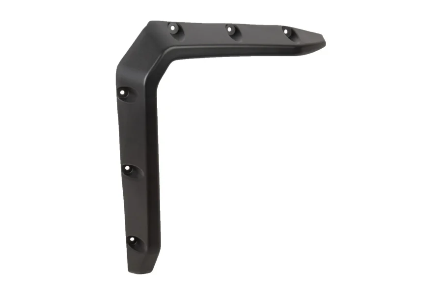 Single black molded L-shaped Tusk front fender flare isolated on white