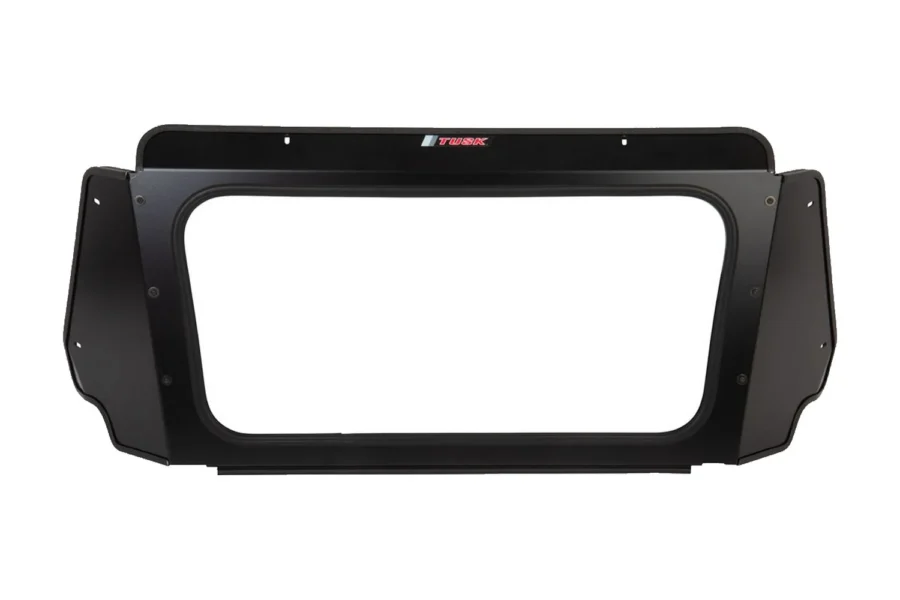 Black-framed Tusk UTV rear glass window, front view, isolated on white