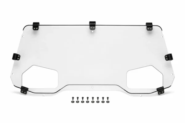 Tusk clear rear window with two speaker cutouts, cage clamps and mounting hardware, isolated on white