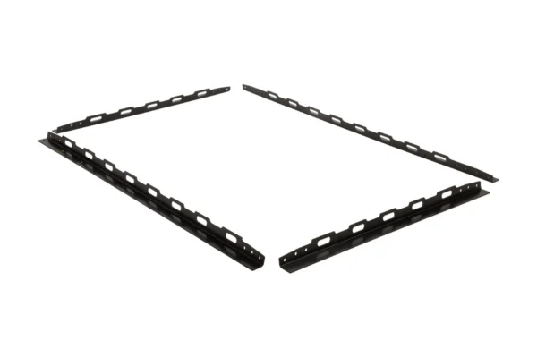 Black powder-coated Tusk roof top UTV cargo rack side rails, isolated on white