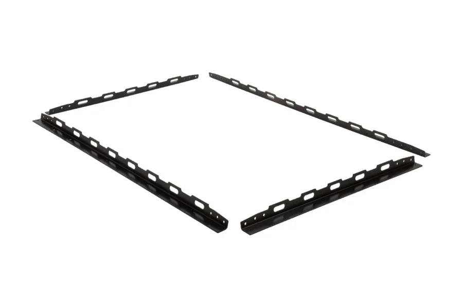 Black powder-coated Tusk roof top UTV cargo rack side rails, isolated on white