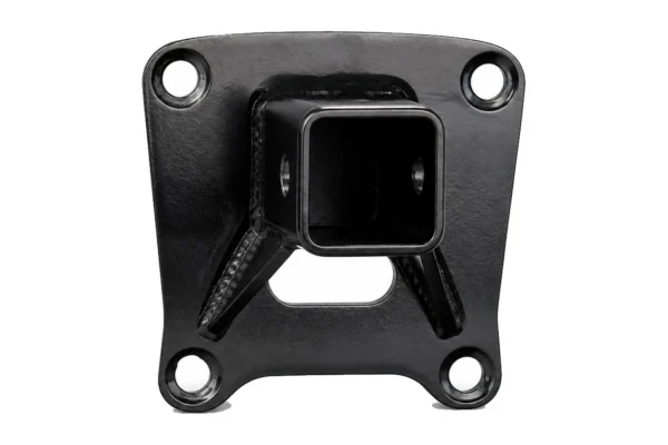 Black Tusk steel receiver hitch with square receiver tube and four bolt holes, front view