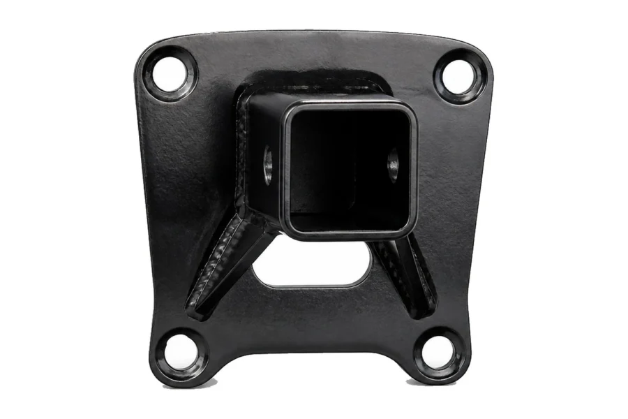 Black Tusk steel receiver hitch with square receiver tube and four bolt holes, front view
