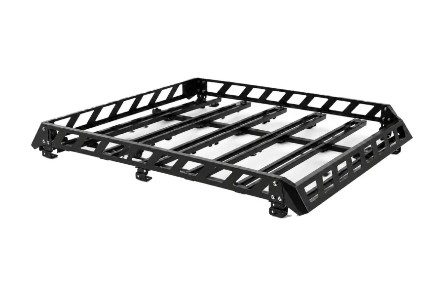Black Tusk adventure UTV roof rack, three-quarter view, isolated on white