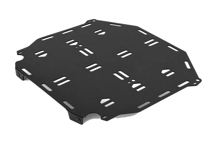 Tusk black powder-coated flat UTV bed cargo rack panel with slotted mounting holes, angled view