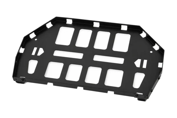 Tusk black powder coated top rack tray with slotted cutouts, three-quarter view on white