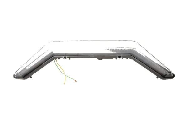 Isolated front view of the clear V-shaped accent and turn light bar with a wiring lead