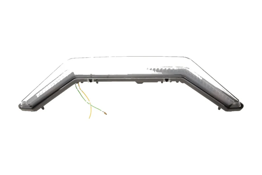 Isolated front view of the clear V-shaped accent and turn light bar with a wiring lead